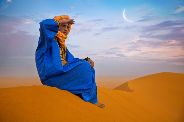 Sunset over the Merzouga desert dunes in Erg Chebbi