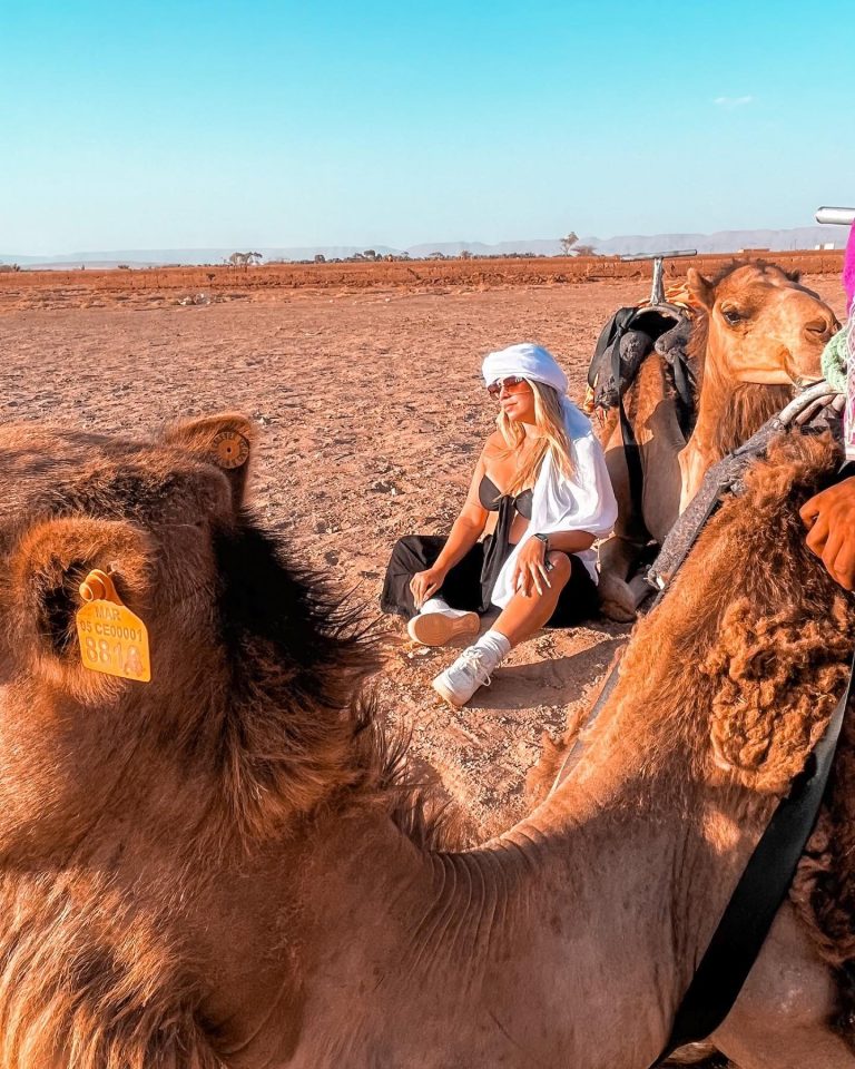 Traveller resting with camels in the Zagora desert