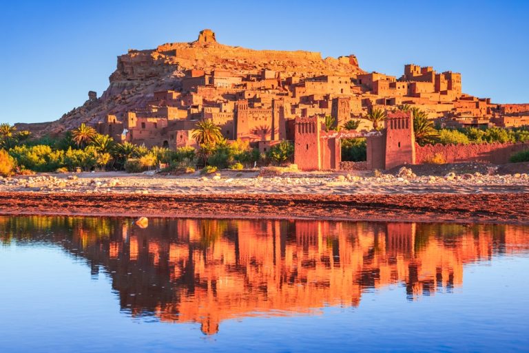 Ait Ben Haddou ksar reflected in the river near Ouarzazate
